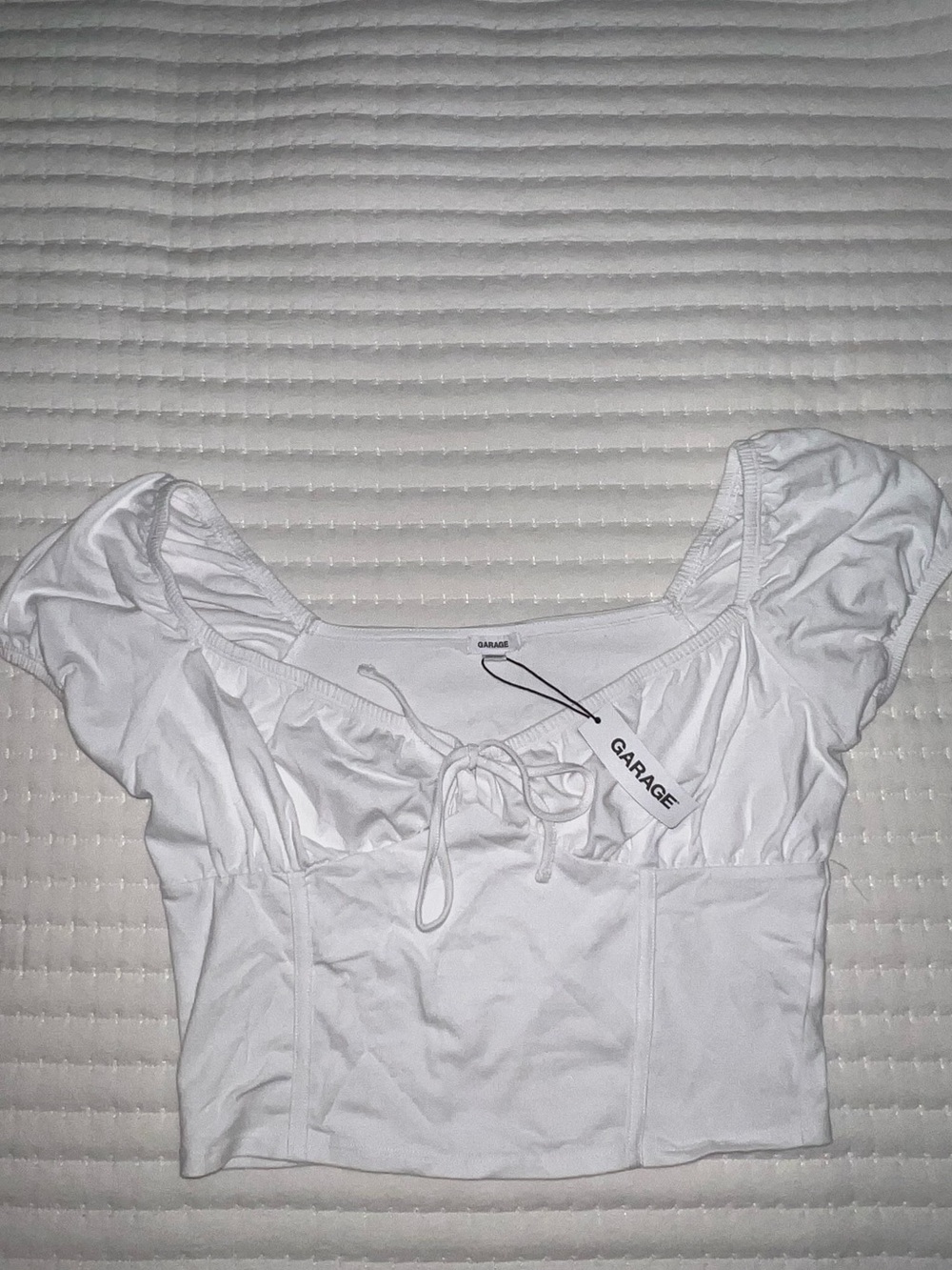 Garage White Drawstring Crop Top with Puff Sleeves